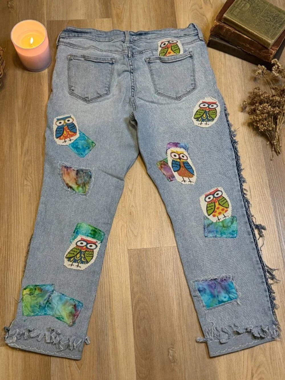 Upcycled Owl Patchwork Jeans | Wide Leg Denim, Visible Mending Art, Cropped Hem